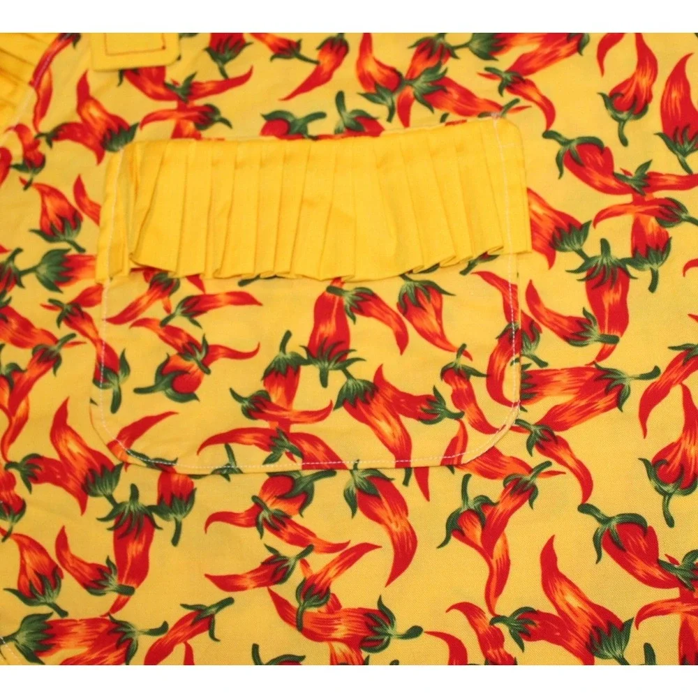 vintage style handmade half apron yellow red chili peppers ruffle pocket OS